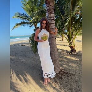 Sleeveless White Maxi Dress - Textured Ribbed Design